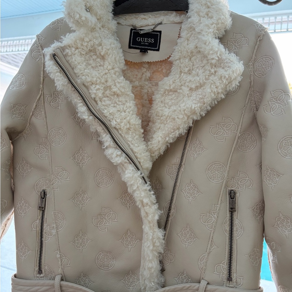 GUESS Women's Beige Teddy Jacket with Shearling